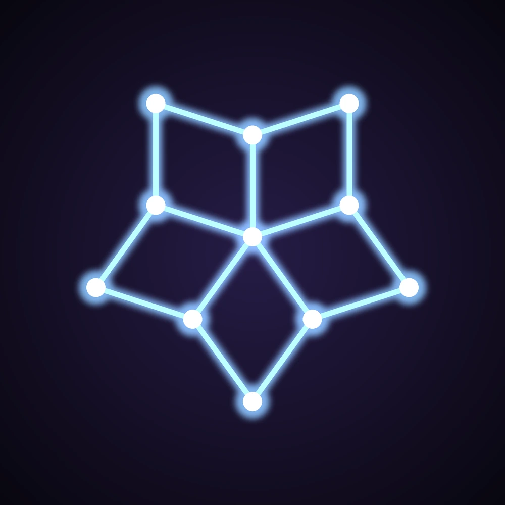 A Bridges level: a five-fold Penrose sun of stars joined by glowing cyan connections